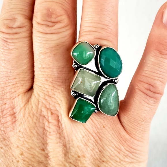 New Huge Chrysoprase & Agate 925 Silver Statement Ring. - Picture 7 of 8